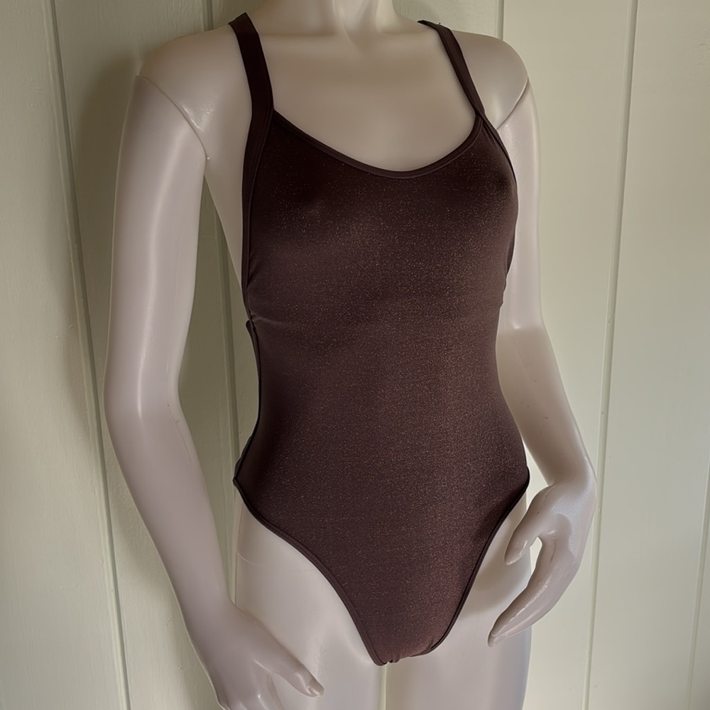 L*Space Swim Baewatch Cross-back, One-piece Swimsuit in Mauve w/ Gold Shimmer